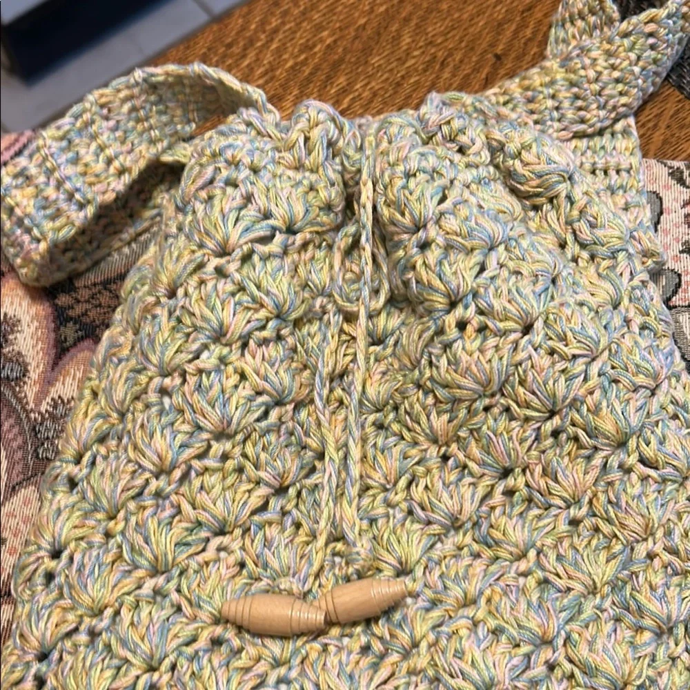 Handcrafted Cross Body Crochet Woven Shoulder Bag - Green Blue Pink and Yellow - Picture 5 of 10